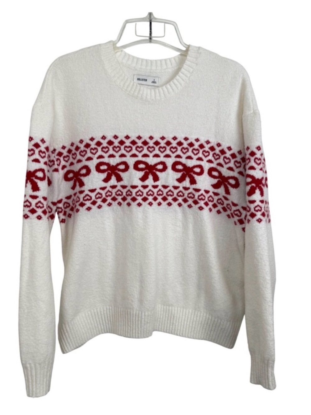 Hollister White Crewneck Sweater with Red Bow Fair Isle Pattern